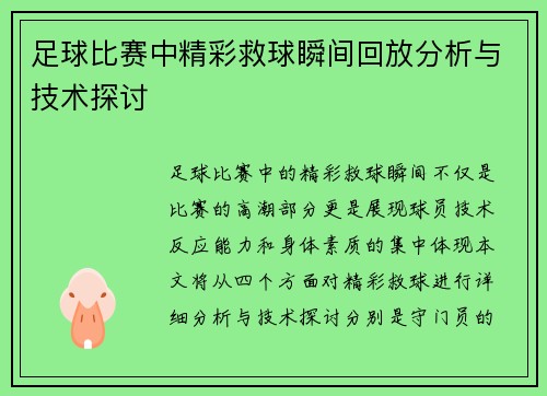 足球比赛中精彩救球瞬间回放分析与技术探讨