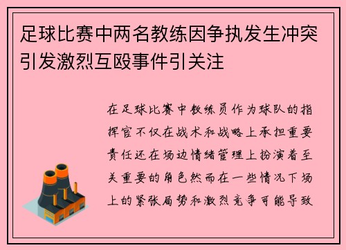 足球比赛中两名教练因争执发生冲突引发激烈互殴事件引关注