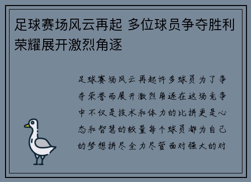 足球赛场风云再起 多位球员争夺胜利荣耀展开激烈角逐