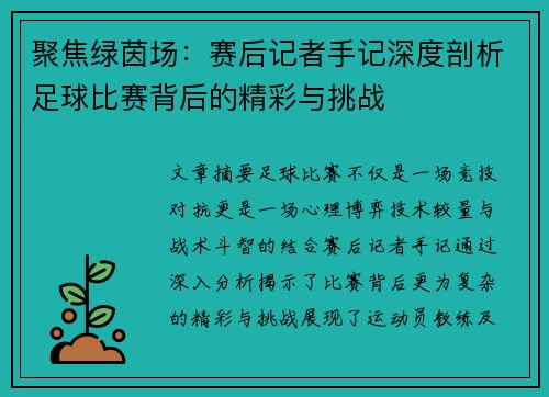 聚焦绿茵场：赛后记者手记深度剖析足球比赛背后的精彩与挑战