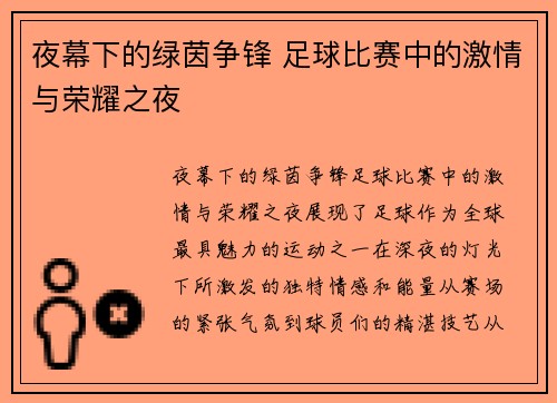 夜幕下的绿茵争锋 足球比赛中的激情与荣耀之夜