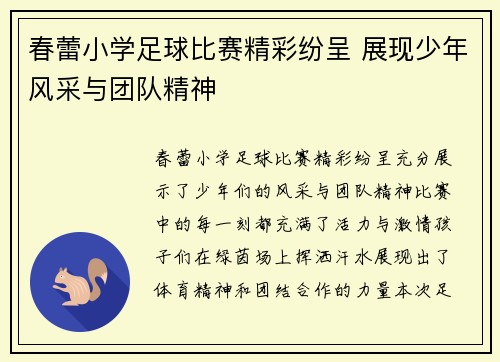 春蕾小学足球比赛精彩纷呈 展现少年风采与团队精神
