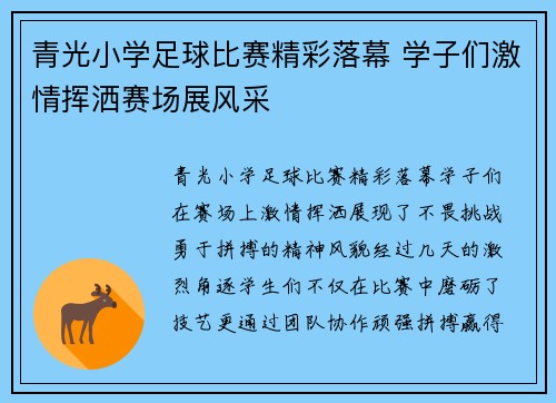 青光小学足球比赛精彩落幕 学子们激情挥洒赛场展风采