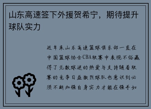 山东高速签下外援贺希宁，期待提升球队实力