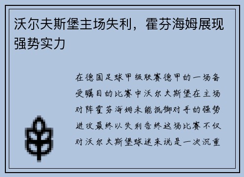 沃尔夫斯堡主场失利，霍芬海姆展现强势实力