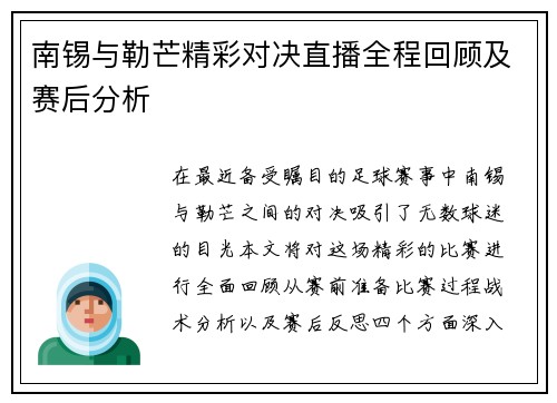 南锡与勒芒精彩对决直播全程回顾及赛后分析