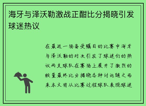 海牙与泽沃勒激战正酣比分揭晓引发球迷热议