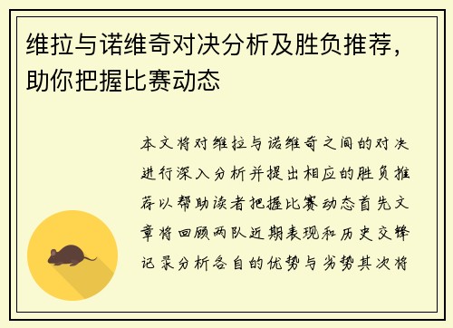 维拉与诺维奇对决分析及胜负推荐，助你把握比赛动态