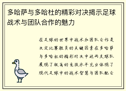 多哈萨与多哈杜的精彩对决揭示足球战术与团队合作的魅力