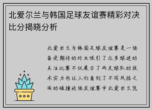 北爱尔兰与韩国足球友谊赛精彩对决比分揭晓分析